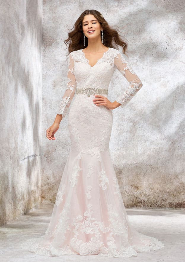Sophisticated Trumpet/Mermaid V-Neck Full-Length Sleeve Chapel Train Satin Lace Wedding Dress with Sashes and Beading BM bride