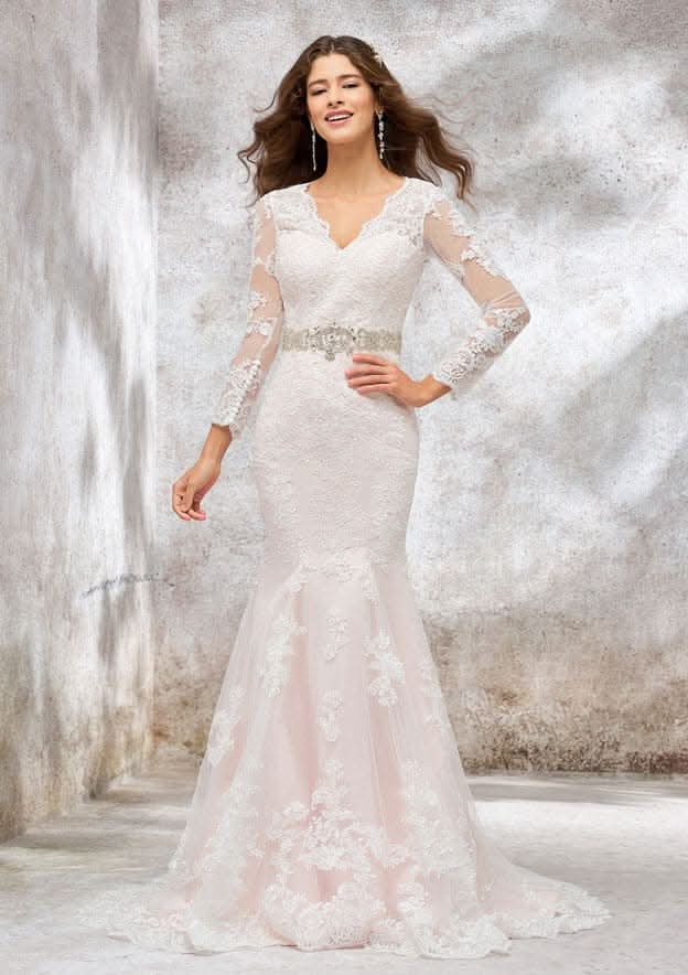 Sophisticated Trumpet/Mermaid V-Neck Full-Length Sleeve Chapel Train Satin Lace Wedding Dress with Sashes and Beading BM bride