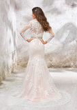Sophisticated Trumpet/Mermaid V-Neck Full-Length Sleeve Chapel Train Satin Lace Wedding Dress with Sashes and Beading BM bride