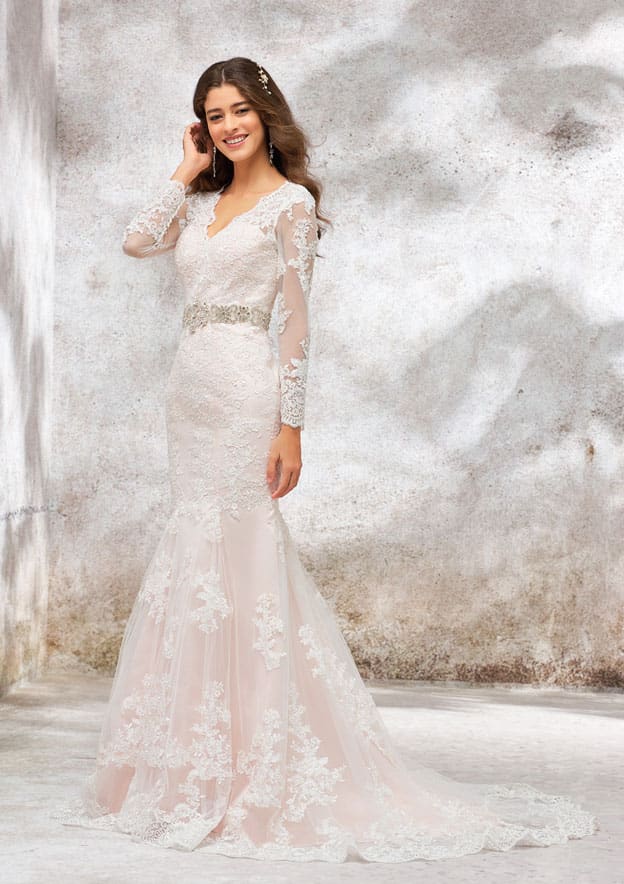Sophisticated Trumpet/Mermaid V-Neck Full-Length Sleeve Chapel Train Satin Lace Wedding Dress with Sashes and Beading BM bride