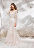 Sophisticated Trumpet/Mermaid V-Neck Full-Length Sleeve Chapel Train Satin Lace Wedding Dress with Sashes and Beading BM bride