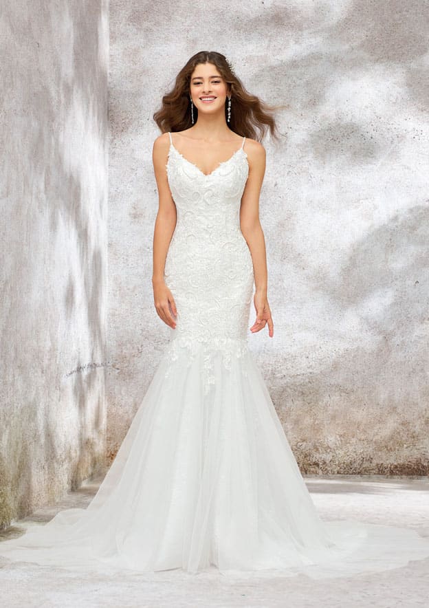 Elegant V-Neck Sleeveless Chapel Train Tulle Lace Wedding Dress with Appliques and Beading in Trumpet/Mermaid Design BM bride