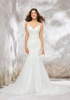 Elegant V-Neck Sleeveless Chapel Train Tulle Lace Wedding Dress with Appliques and Beading in Trumpet/Mermaid Design BM bride