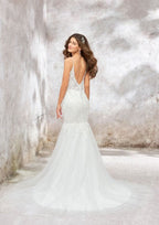 Elegant V-Neck Sleeveless Chapel Train Tulle Lace Wedding Dress with Appliques and Beading in Trumpet/Mermaid Design BM bride