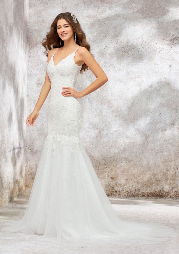 Elegant V-Neck Sleeveless Chapel Train Tulle Lace Wedding Dress with Appliques and Beading in Trumpet/Mermaid Design BM bride