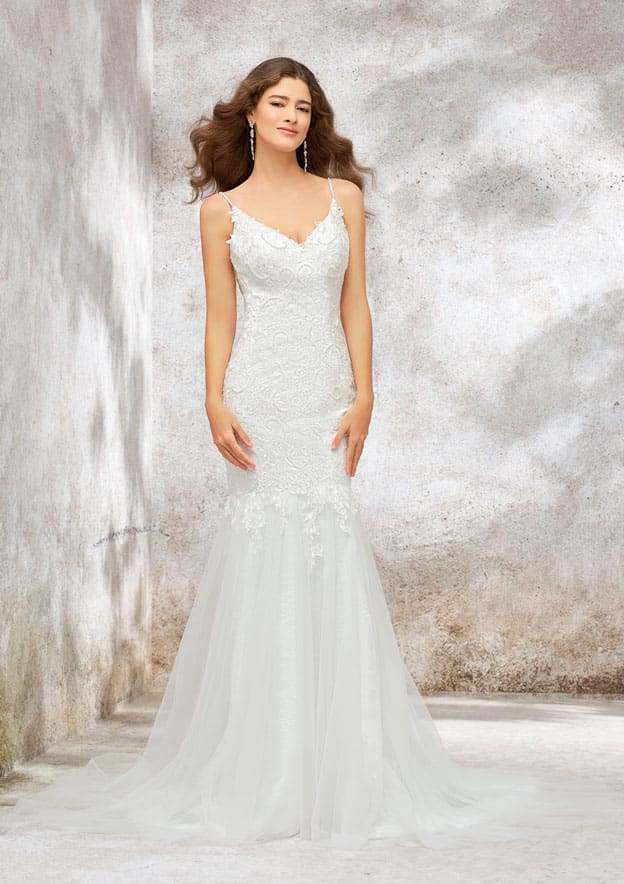 Elegant V-Neck Sleeveless Chapel Train Tulle Lace Wedding Dress with Appliques and Beading in Trumpet/Mermaid Design BM bride