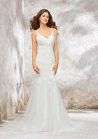 Elegant V-Neck Sleeveless Chapel Train Tulle Lace Wedding Dress with Appliques and Beading in Trumpet/Mermaid Design BM bride