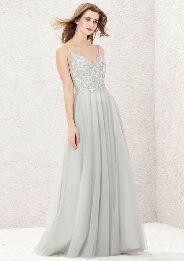 Floor-Length Tulle Bridesmaid Dress, A-Line Style, V-Neck, Sleeveless, Featuring Pleats And Appliqued BM bride