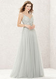 Floor-Length Tulle Bridesmaid Dress, A-Line Style, V-Neck, Sleeveless, Featuring Pleats And Appliqued BM bride