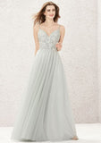 Floor-Length Tulle Bridesmaid Dress, A-Line Style, V-Neck, Sleeveless, Featuring Pleats And Appliqued BM bride