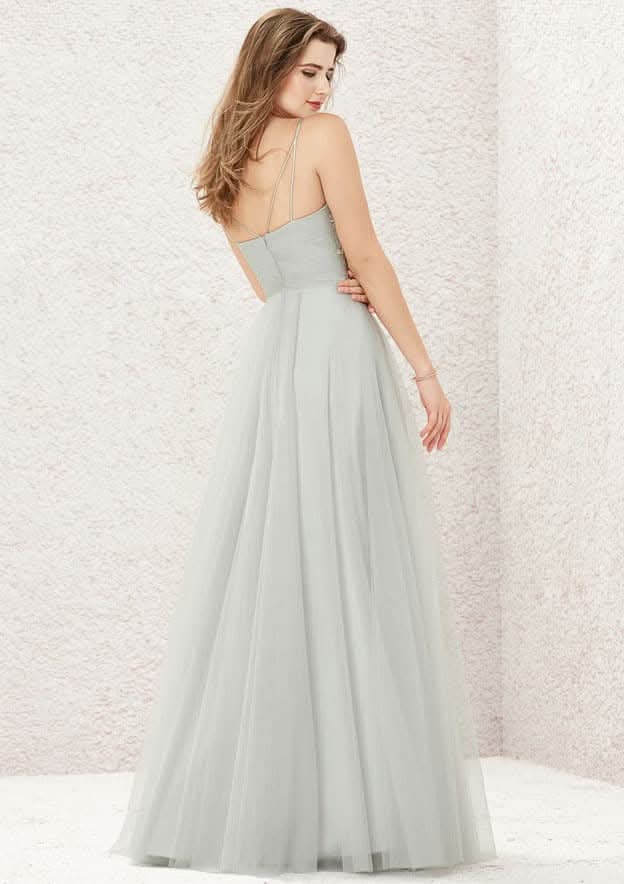 Floor-Length Tulle Bridesmaid Dress, A-Line Style, V-Neck, Sleeveless, Featuring Pleats And Appliqued BM bride