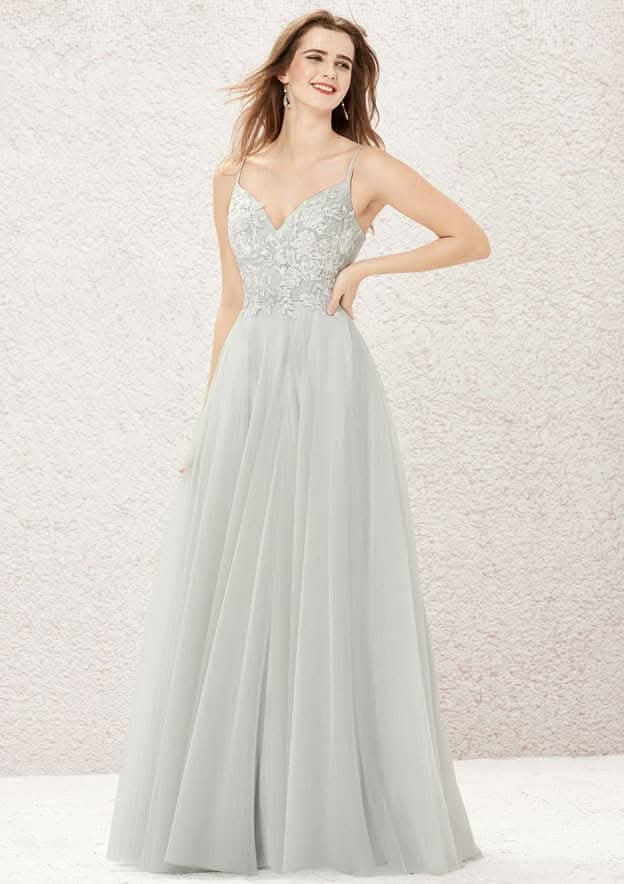 Floor-Length Tulle Bridesmaid Dress, A-Line Style, V-Neck, Sleeveless, Featuring Pleats And Appliqued BM bride