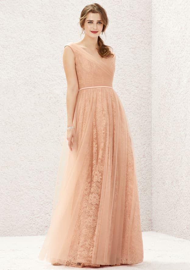 Long/Floor-Length Lace Tulle Bridesmaid Dress, A-Line Cut, V-Neck, Sleeveless, With Pleating BM bride