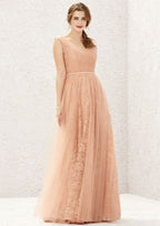 Long/Floor-Length Lace Tulle Bridesmaid Dress, A-Line Cut, V-Neck, Sleeveless, With Pleating BM bride