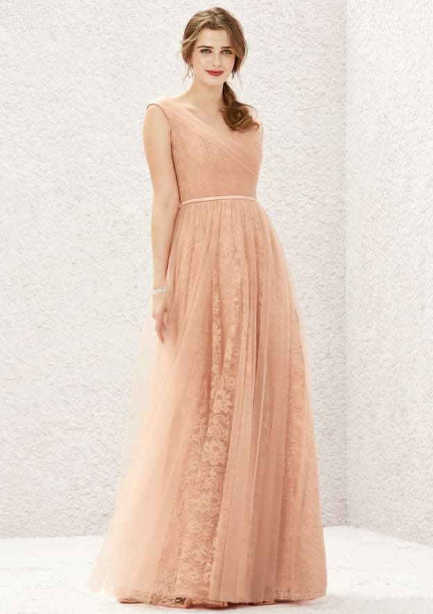 Long/Floor-Length Lace Tulle Bridesmaid Dress, A-Line Cut, V-Neck, Sleeveless, With Pleating BM bride