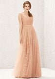 Long/Floor-Length Lace Tulle Bridesmaid Dress, A-Line Cut, V-Neck, Sleeveless, With Pleating BM bride