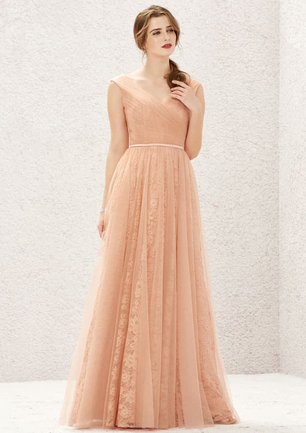 Long/Floor-Length Lace Tulle Bridesmaid Dress, A-Line Cut, V-Neck, Sleeveless, With Pleating BM bride