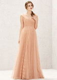 Long/Floor-Length Lace Tulle Bridesmaid Dress, A-Line Cut, V-Neck, Sleeveless, With Pleating BM bride