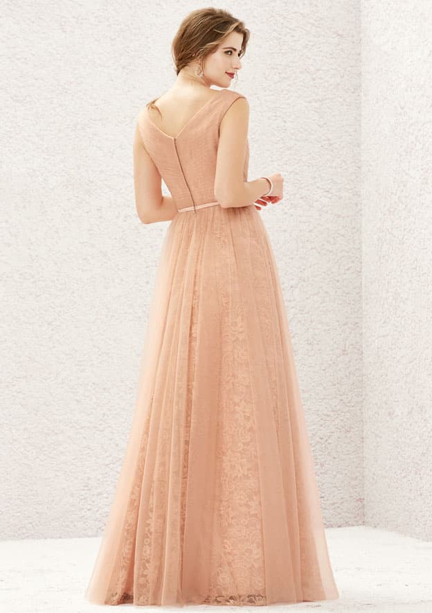Long/Floor-Length Lace Tulle Bridesmaid Dress, A-Line Cut, V-Neck, Sleeveless, With Pleating BM bride