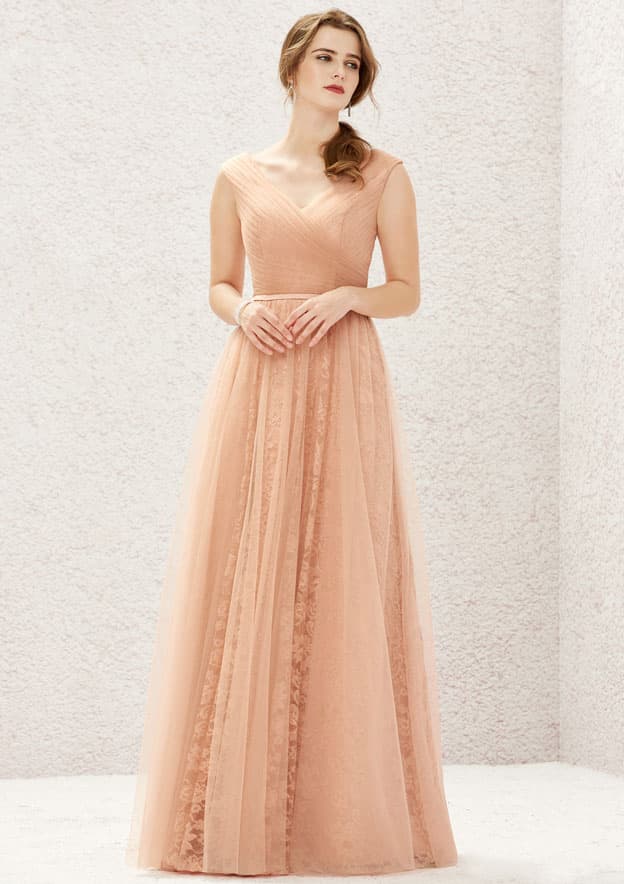 Long/Floor-Length Lace Tulle Bridesmaid Dress, A-Line Cut, V-Neck, Sleeveless, With Pleating BM bride