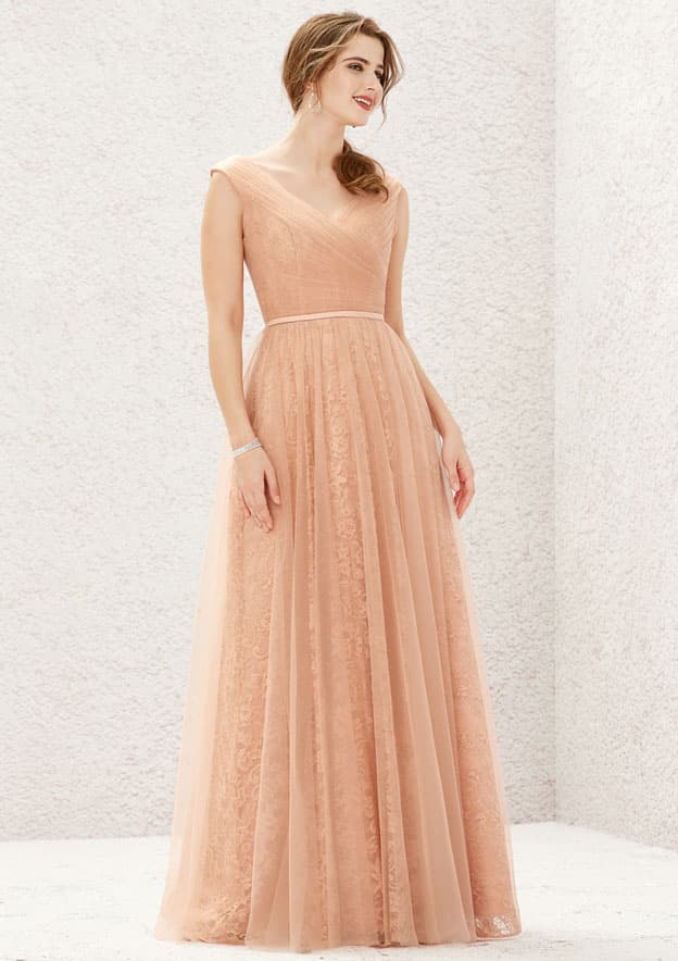 Long/Floor-Length Lace Tulle Bridesmaid Dress, A-Line Cut, V-Neck, Sleeveless, With Pleating BM bride