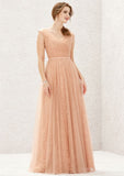 Long/Floor-Length Lace Tulle Bridesmaid Dress, A-Line Cut, V-Neck, Sleeveless, With Pleating BM bride
