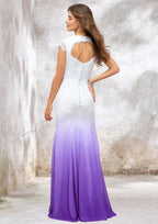 Elegant Trumpet/Mermaid V-Neck Sleeveless Chiffon Wedding Dress with Ombre Effect, Pleated Detailing, and Sweep Train BM bride