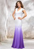 Elegant Trumpet/Mermaid V-Neck Sleeveless Chiffon Wedding Dress with Ombre Effect, Pleated Detailing, and Sweep Train BM bride