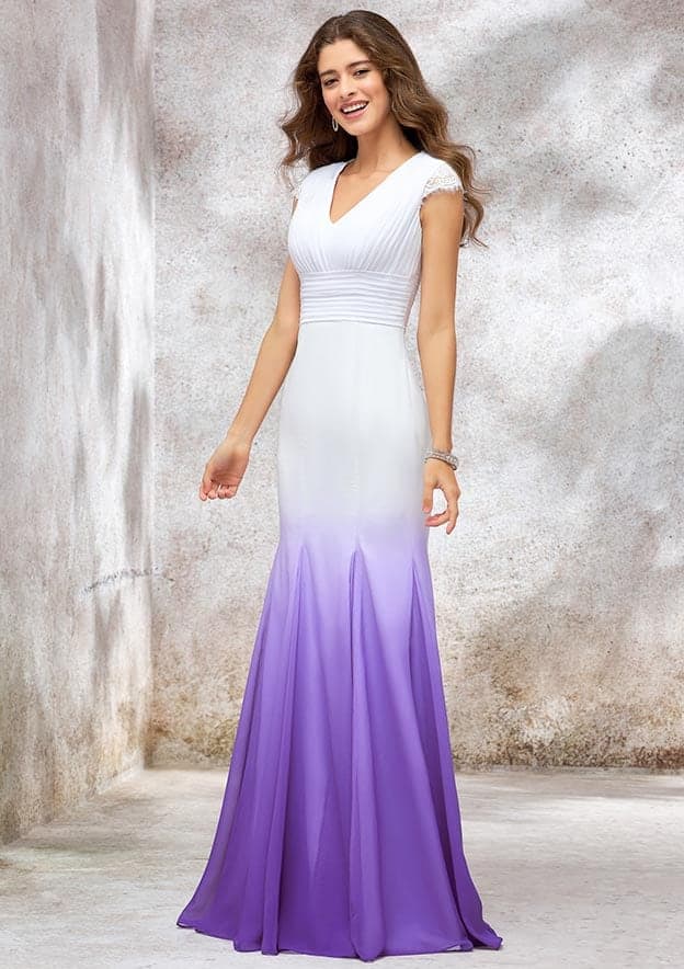 Elegant Trumpet/Mermaid V-Neck Sleeveless Chiffon Wedding Dress with Ombre Effect, Pleated Detailing, and Sweep Train BM bride