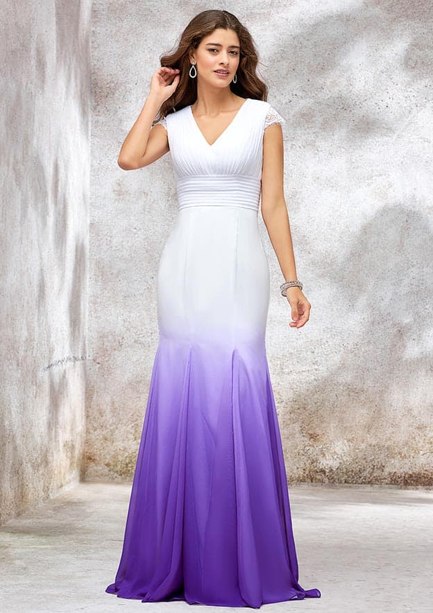 Elegant Trumpet/Mermaid V-Neck Sleeveless Chiffon Wedding Dress with Ombre Effect, Pleated Detailing, and Sweep Train BM bride