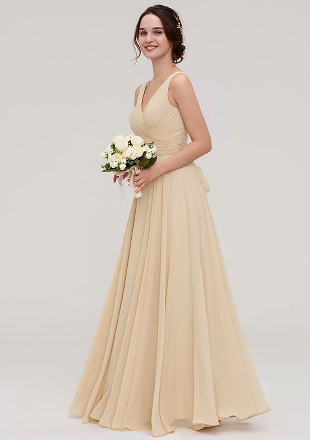 A-Line Floor-Length Sleeveless Chiffon Bridesmaid Dress, V-Neck With Sashes And Pleats BM bride