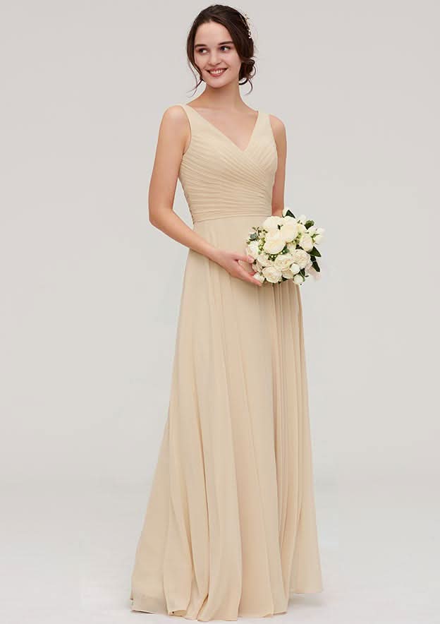 A-Line Floor-Length Sleeveless Chiffon Bridesmaid Dress, V-Neck With Sashes And Pleats BM bride