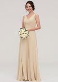 A-Line Floor-Length Sleeveless Chiffon Bridesmaid Dress, V-Neck With Sashes And Pleats BM bride
