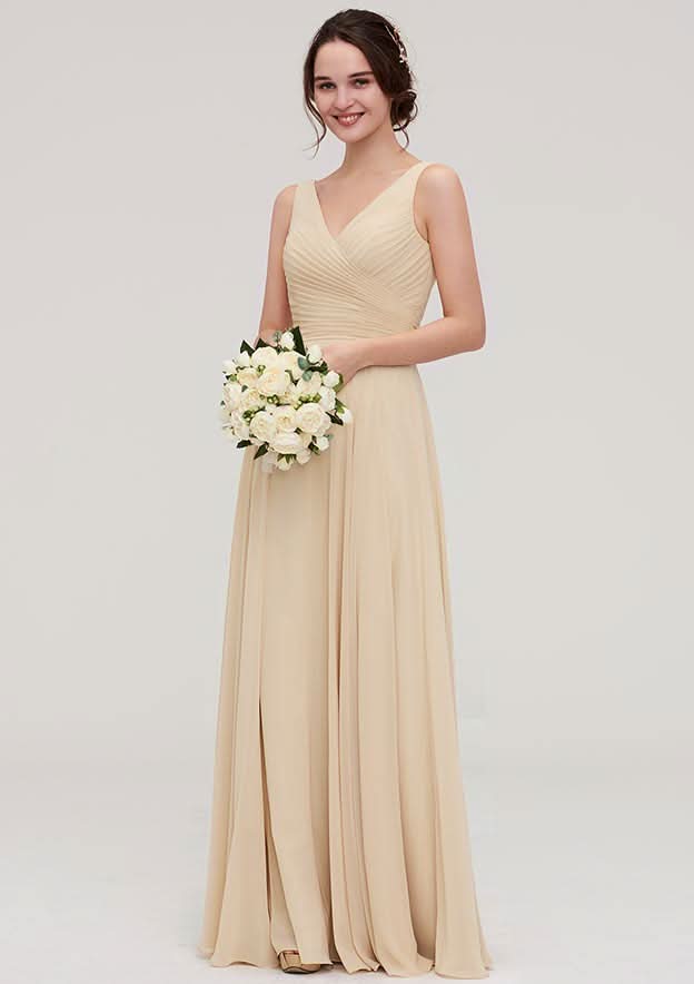 A-Line Floor-Length Sleeveless Chiffon Bridesmaid Dress, V-Neck With Sashes And Pleats BM bride
