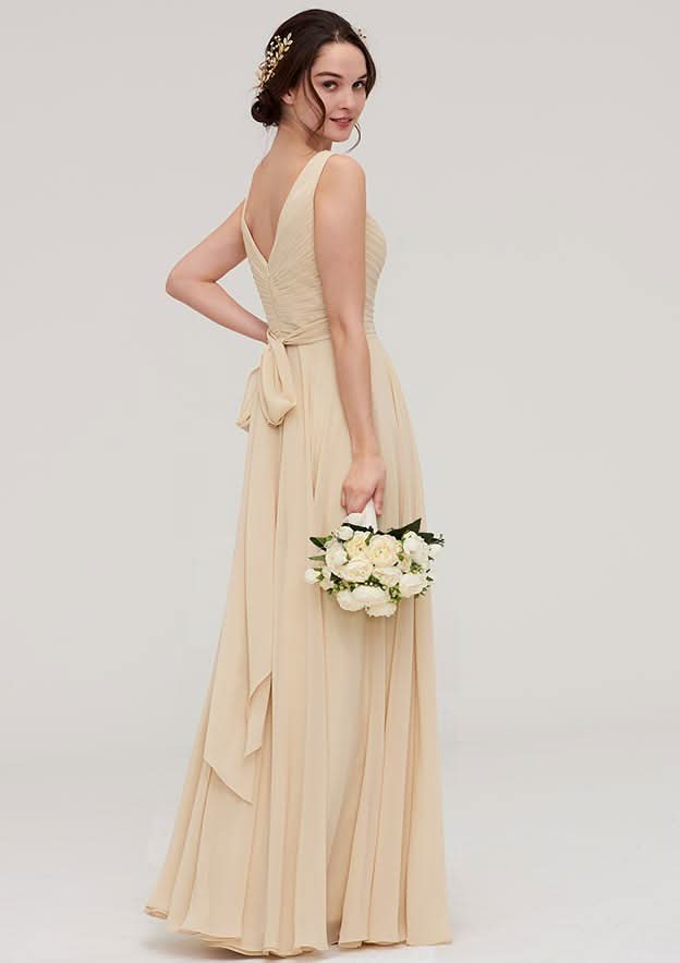 A-Line Floor-Length Sleeveless Chiffon Bridesmaid Dress, V-Neck With Sashes And Pleats BM bride