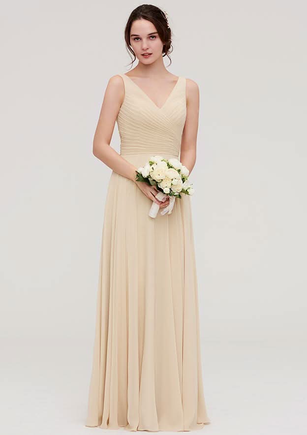 A-Line Floor-Length Sleeveless Chiffon Bridesmaid Dress, V-Neck With Sashes And Pleats BM bride