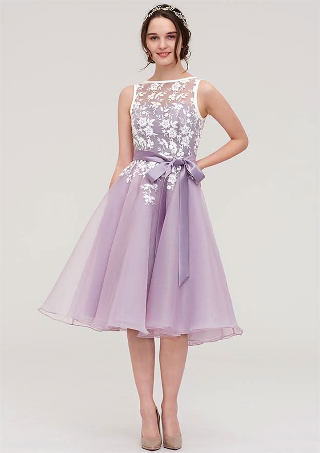 Organza Bridesmaid Dress With Knee-Length, Bateau Neckline, Sashes, Lace, And Sleeveless A-Line/Princess Style BM bride