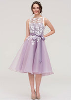 Organza Bridesmaid Dress With Knee-Length, Bateau Neckline, Sashes, Lace, And Sleeveless A-Line/Princess Style BM bride