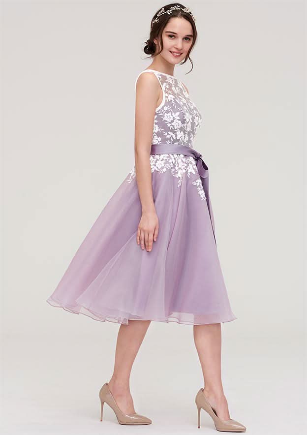 Organza Bridesmaid Dress With Knee-Length, Bateau Neckline, Sashes, Lace, And Sleeveless A-Line/Princess Style BM bride
