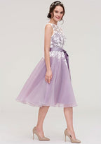Organza Bridesmaid Dress With Knee-Length, Bateau Neckline, Sashes, Lace, And Sleeveless A-Line/Princess Style BM bride