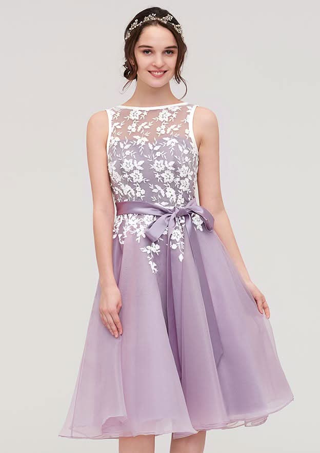 Organza Bridesmaid Dress With Knee-Length, Bateau Neckline, Sashes, Lace, And Sleeveless A-Line/Princess Style BM bride