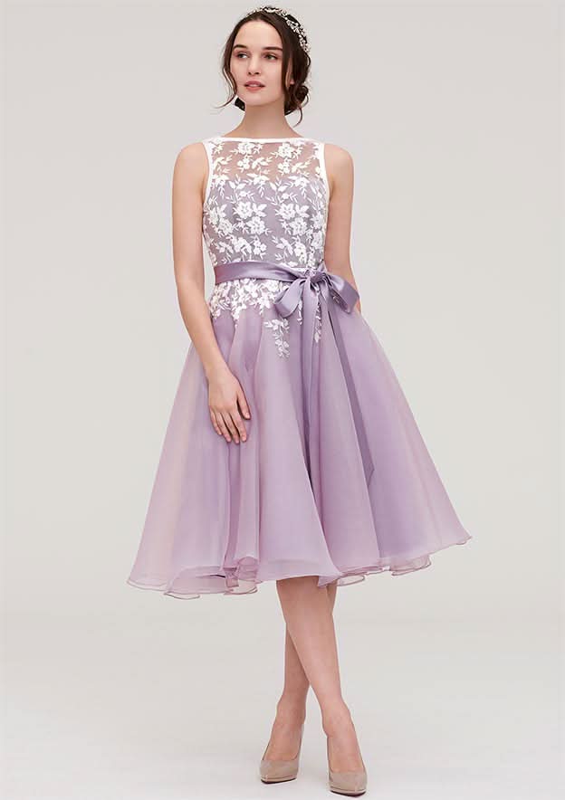 Organza Bridesmaid Dress With Knee-Length, Bateau Neckline, Sashes, Lace, And Sleeveless A-Line/Princess Style BM bride