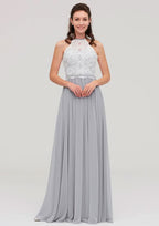 Floor-Length Chiffon Bridesmaid Dress, A-Line/Princess Cut, Scoop Neck, Sleeveless, With Lace Design BM bride