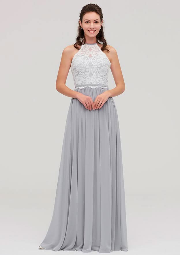 Floor-Length Chiffon Bridesmaid Dress, A-Line/Princess Cut, Scoop Neck, Sleeveless, With Lace Design BM bride