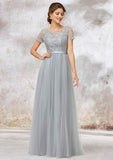 A-Line/Princess Floor-Length Short Sleeve Tulle Bridesmaid Dress, Bateau Neck With Lace BM bride