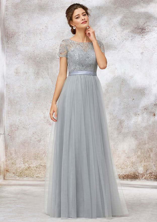A-Line/Princess Floor-Length Short Sleeve Tulle Bridesmaid Dress, Bateau Neck With Lace BM bride