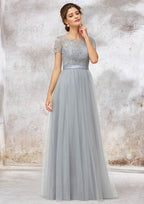 A-Line/Princess Floor-Length Short Sleeve Tulle Bridesmaid Dress, Bateau Neck With Lace BM bride