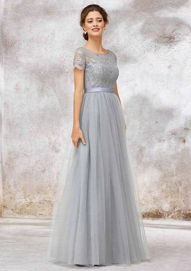 A-Line/Princess Floor-Length Short Sleeve Tulle Bridesmaid Dress, Bateau Neck With Lace BM bride