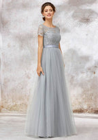 A-Line/Princess Floor-Length Short Sleeve Tulle Bridesmaid Dress, Bateau Neck With Lace BM bride