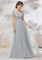 A-Line/Princess Floor-Length Short Sleeve Tulle Bridesmaid Dress, Bateau Neck With Lace BM bride